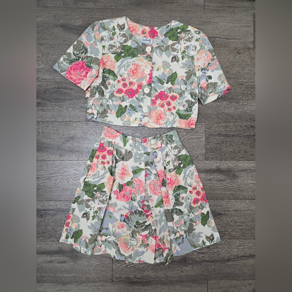 EnChante 80's 2 Piece Crop Top Skort Set Floral 100% Cotton Made In The USA